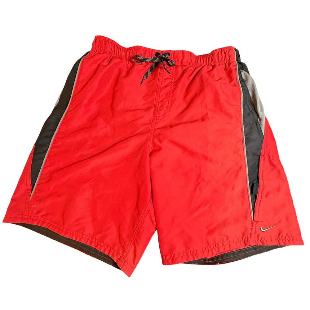 Nike Mens Vintage Y2K Red Black Swim Trunks Board Shorts Size M Surf Coastal